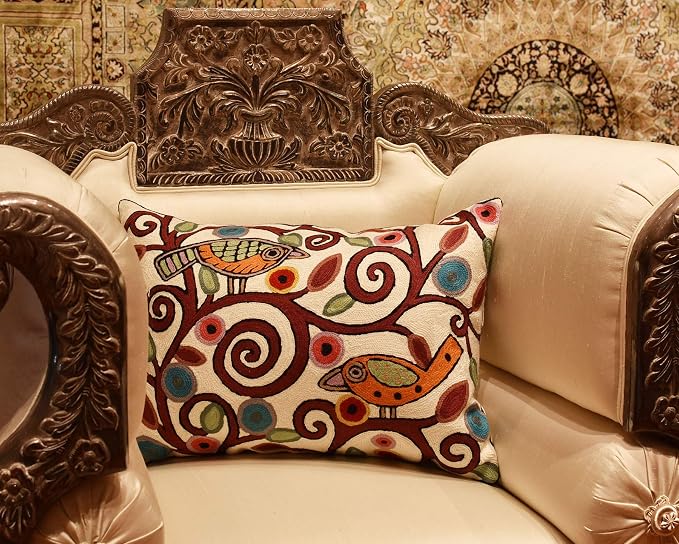 Lumbar Cushion Cover Hand Embroidered Wool 13x21 (Cream Birds Lumbar Pillow Cover)