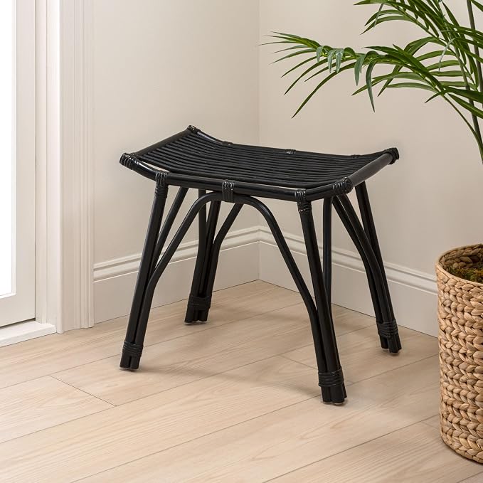JONATHAN Y Gabriel 18" Handcrafted Rattan and Teak Wood Vanity Stool, Bohemian Backless Accent Ottoman Footstool, Black STL3005C