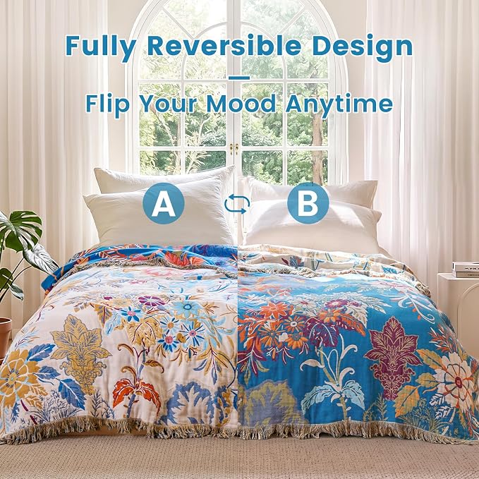 MSGKV Boho Throw Blanket for Bed Cotton 60"x80" Floral Blanket Twin Size Couch All Seasons Muslin Summer Breathable Lightweight Farmhouse Blankets