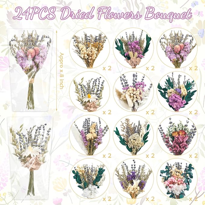 12/24PCS Handmade Dried Flower Bouquet with Stems Natural Dried Wildflowers 7.5 Inch Mini Dry Flowers for Vase Farmhouse Decor, Wedding Styling, Photography Props, Gift DIY(24pcs, Lavender)