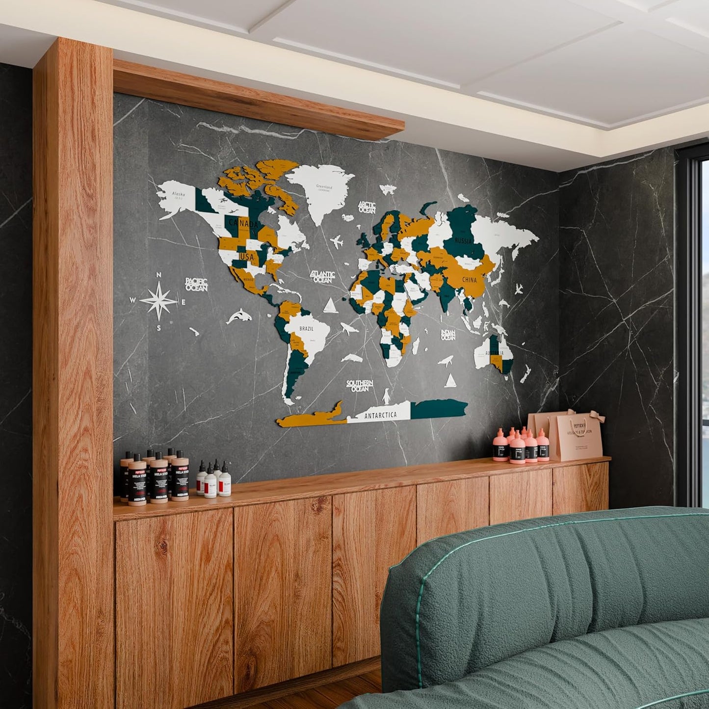 Colorfull Worlds 3D Wooden World Map Wall Art | Unique Wall Decor with Pins for Travel Enthusiasts | Home and Office Wall Décor | Gold-Blue | XLarge