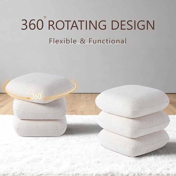 Get Set Style 360° Swivel Linen Ottoman, Modern Upholstered Foot Stool, Multifunctional Vanity Chair Accent Stool for Small Space, Living Room, Bedroom, Entryway, Warm Ivory