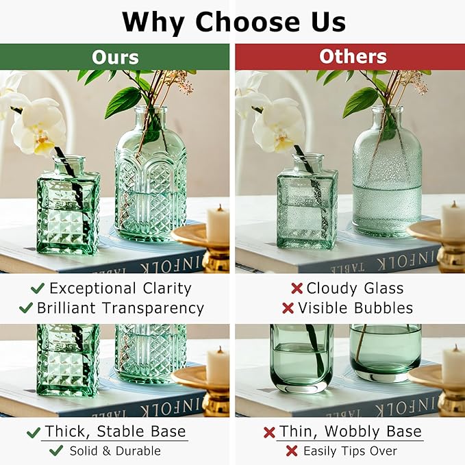SUPMIND Glass Bud Vase Set, 16pcs Small Green Flower Vases for Table Centerpieces in Bulk, Mini Vintage Vase for Wedding, Home, Table Decoration