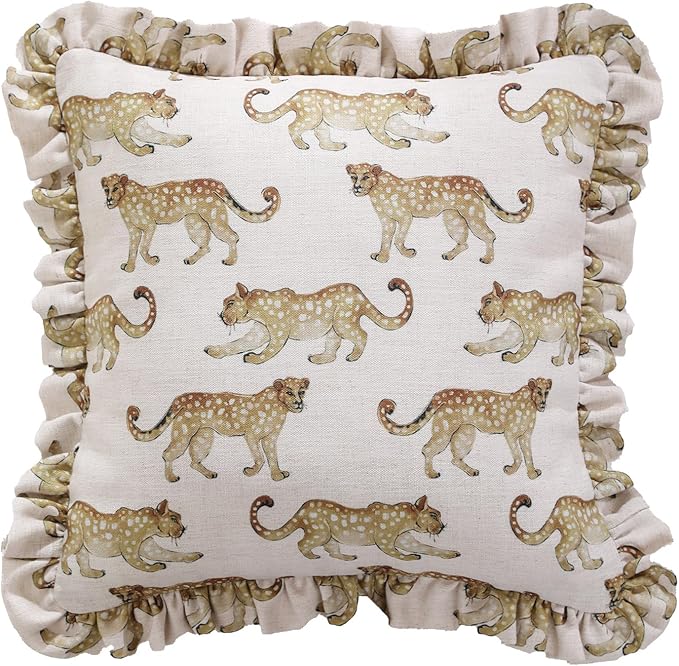 patdrea Designer Vintage Linen Throw Pillow Cover,18"x18"-Fromm C | Elegant Decorative Pillow Case with Zipper,Ruffle Leopard Pattern,Pillow Cover for Couch Living Room Bedroom Sofa
