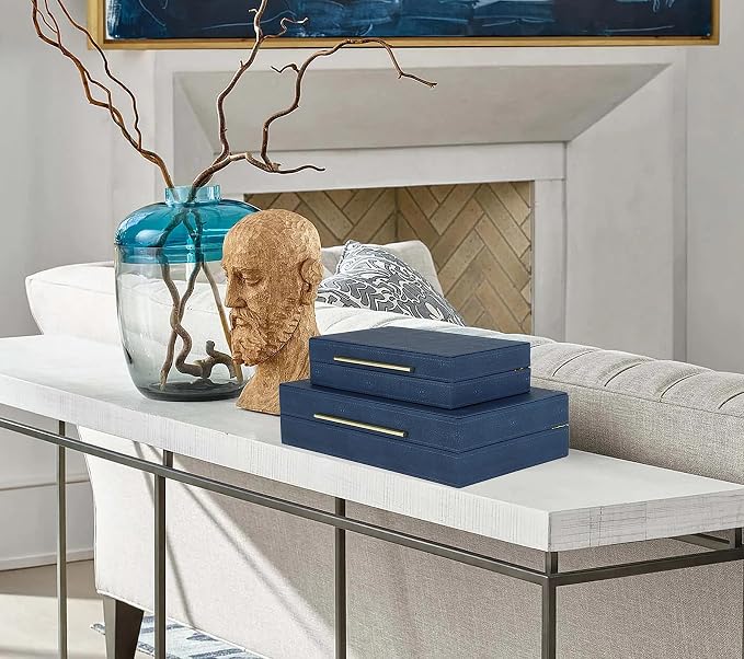 HofferRuffer Faux Leather Decorative Boxes Set of 2, Large Nesting Keepsake Box Accessory Organizer Jewelry Organizer with Hinged Lid, Stacking Storage Box Container for Home or Office (Navy Blue)