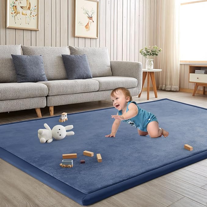 Baby Play Mat for Floor Nursery Rug Muscle Mat Area Rug Playroom Rug 65"x50" Playpen Mat Elastic Foam 1.3" Thick Crawling Mat for Babies,Toddlers, Infants, Kids,Sapphire Blue