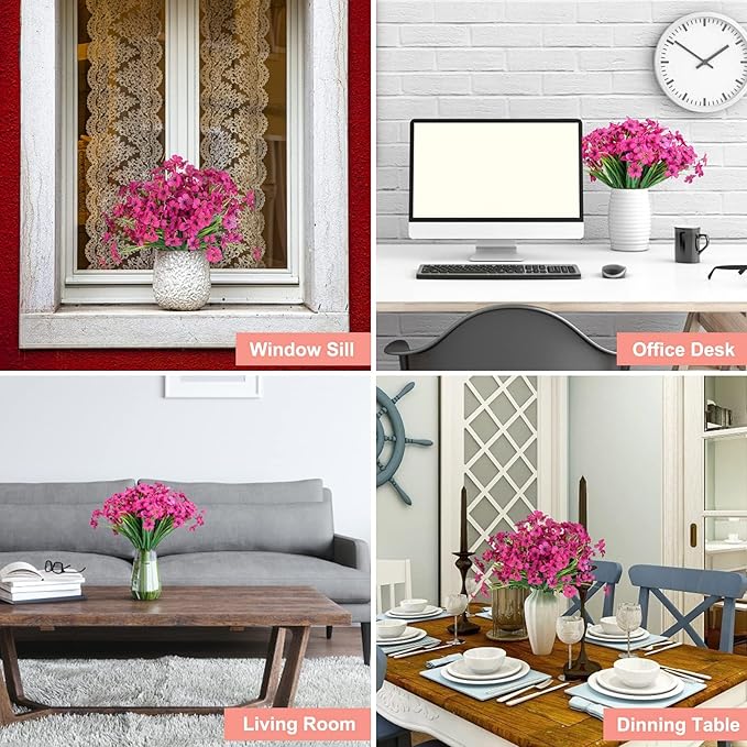 Ouddy Decor 12 Bundles Artificial Flowers for Decorations Fake Silk Plants for Outdoor Indoor UV Resistant Faux Plastic Greenery Stems for Window Garden Porch Home Spring Summer Decoration, Rose Red