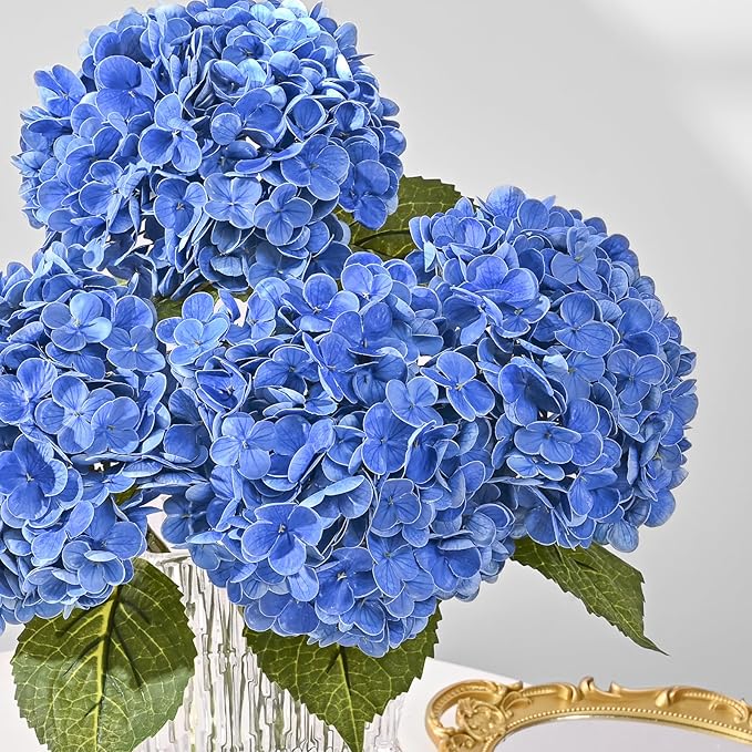 MARTINE MALL 4Pcs 21in Hydrangea Artificial Flowers, Latex Real Touch Hydrangeas Lifelike Large Hydrangea Flowers for Home Decor Party Arrangements Wedding Bouquets Centerpieces (Dark Blue)