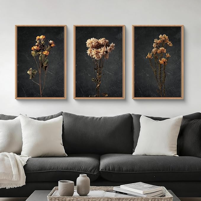 HOURIA Dark Moody Dried Floral Framed Canvas Wall Art Set,Vintage Mid Century Black Flower Wall Decor,Retro Boho Minimalist Wildflower Botanical Artwork for Living Room,Bedroom,Farmhouse- 24"x36"x3