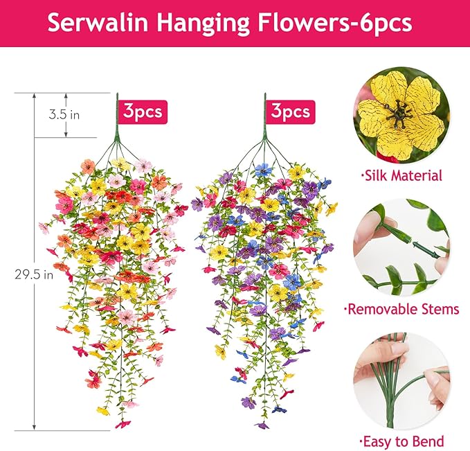 Serwalin 6PCS Artificial Hanging Flowers for Outdoors, UV Resistant Fake Hanging Plants, Realistic Weatherproof Outdoor Decor for Patio, Porch, Garden & Window (Multicolor,6PCS)