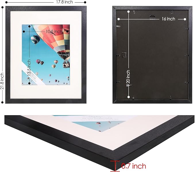 The Display Guys - Black Wooden Minimalist Picture Frames Set - Tempered Glass - 16x20 matted to 11x14 - Wall Hanging - 4-Pack