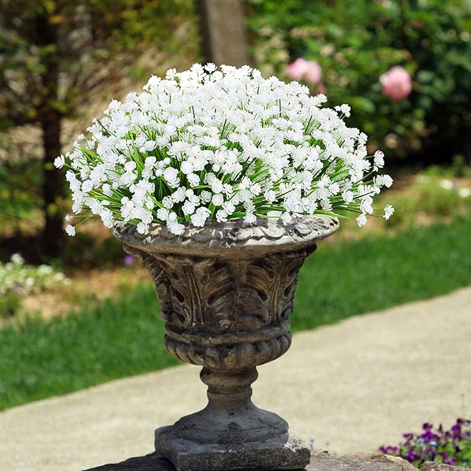 Ouddy Decor 12 Bundles Artificial Flowers for Outdoors UV Resistant Fake Plastic Plants Faux Greenery Stems for Spring Summer Indoor Garden Patio Window Box Kitchen Home Decor, White