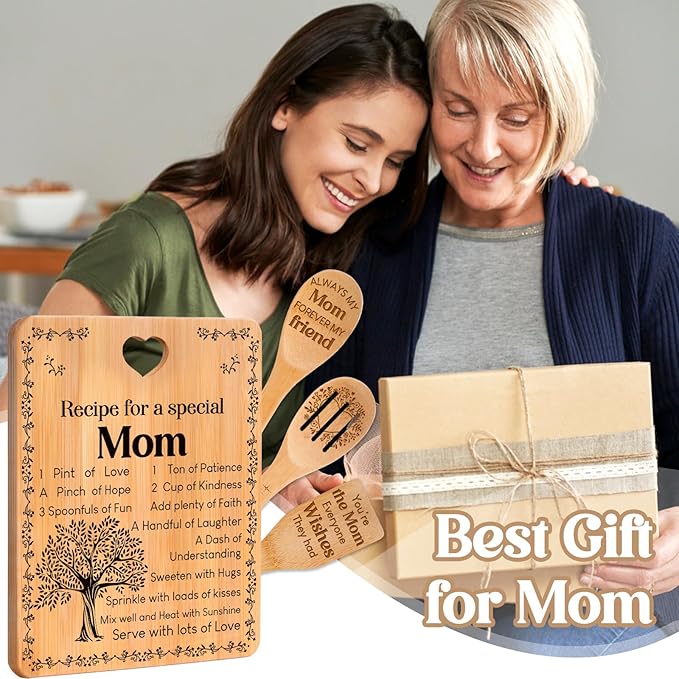 Gifts for Mom - "Recipe for a Special Mom" Mom Birthday Gifts Cutting Board Set, Bamboo-Made Engraved Utensil Set, Birthday Gifts for Mom from Daughter/Son, Mothers Day Gifts