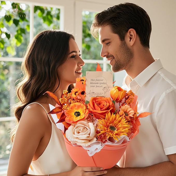 TINGE TIME Preserved Flowers Bouquet, Sunflower and Rose Bouquets, Orange Artificial Flowers Bouquet for Table Centerpiece Mothers Day Gifts Birthday Gifts Wedding Anniversary Housewarming