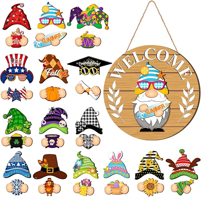 Qunclay Interchangeable Wooden Gnome Decor Holiday Seasonal Gnome Decorations with Magnet Pieces and Detachable Hats Changeable Welcome Sign for Home(Tawny)