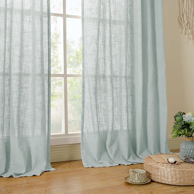 LAMIT Living Room Linen Curtains 95 Inch for Bedroom, Back Tab and Rod Pocket Linen Textured Sheer Panels Light Filtering Burlap Drapes for Farmhouse, 2 Panels, 52 x 95 Inch, Greyish Blue