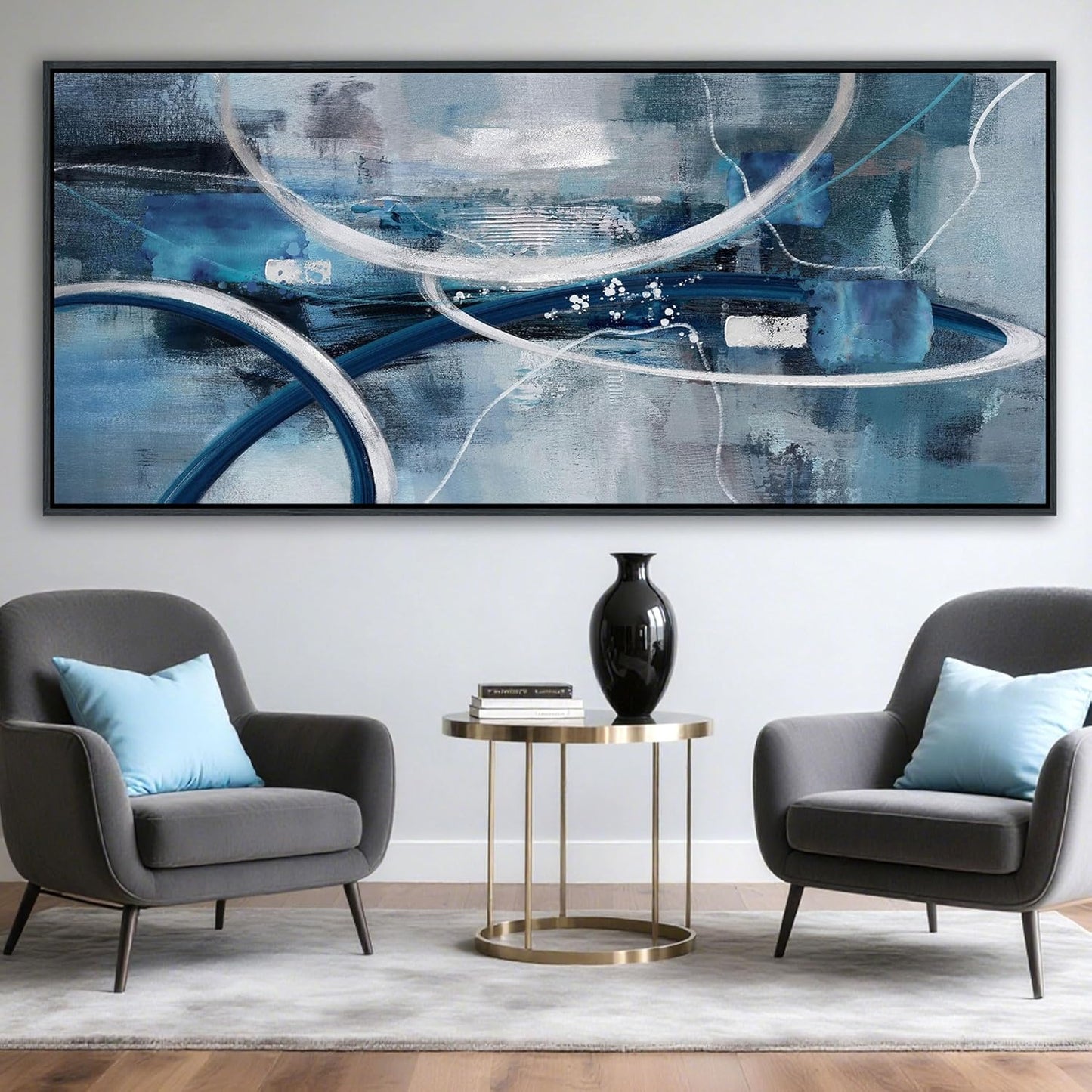 XLSJERST Large Abstract Canvas Wall Decor - 86x39 Inches Modern Living Room Wall Art Elegant Combination of Tones Black and White Gray Background Blue Gradient Picture