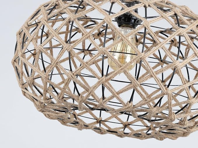 Coastal Large Woven Plug in Pendant Light with 14ft Handmade Woven Light Cord, Rustic Handmade Hemp Rope Hanging Lamp for Bedroom Kitchen Island Farmhouse Dining Room Living Room,17.8 inch Width