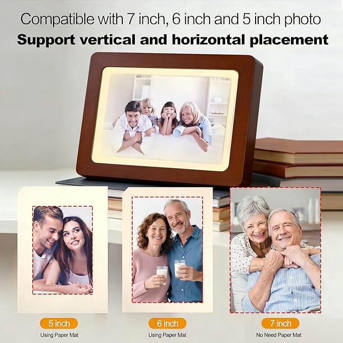 Wooden Photo Frame with Voice Recording and Soft LED Light – Personalized 180S Recordable Picture Frame Fits 3.5x5, 4x6 & 5x7 Photos, Tabletop Display, Meaningful Keepsake Gift (Brown)
