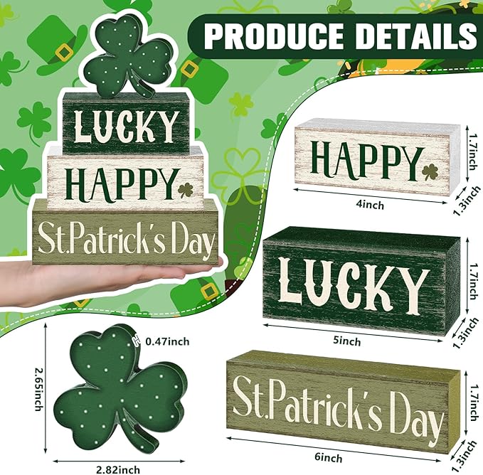 Marsui 4 Pcs St. Patrick's Day Decorations Shamrock Wooden Signs Green Irish Tabletop Centerpieces rustic Distressed Shamrock Blocks St Patricks Day Decor for Home Table Kitchen Shelf Tiered Tray