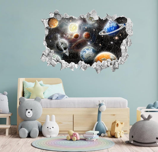 Large 3D Space Galaxy Wall Stickers (33.5”x 23.2”), Solar System Vinyl Wall Decals, Removable Universe Outer Space Planet Wall Art for Kids Bedroom Playroom Decor