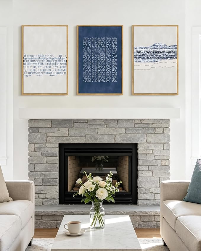 PHOPAGO Navy Blue Abstract Framed Wall Art Large 16x24in Mid Century Minimalist Wooden Pastel Boho Wall Decor Modern Neutral Farmhouse Living Laundry Decor- Natural Framed