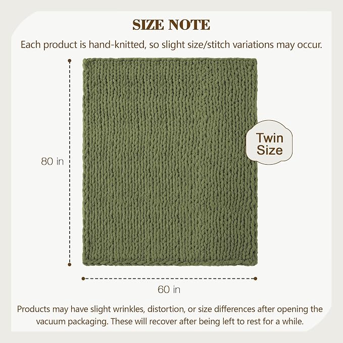 Carriediosa Chunky Knit Throw Blanket 60" X 80" Twin, 100% Hand Made Large Chenille Loop Yarn Soft Fluffy Throws for Couch Sofa Bed, Big Crochet Cozy Heavy Thick Cable Woven Blankets, Olive Green