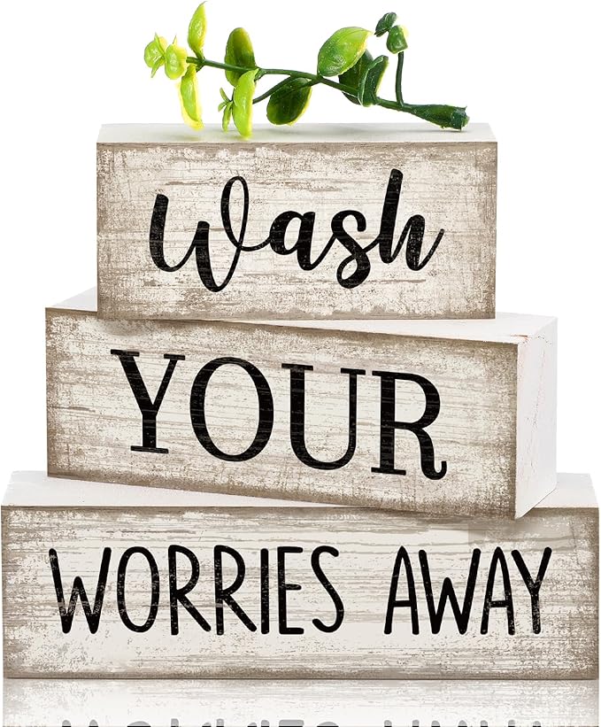 Moucuny 4 Pcs Bathroom Decor Wash Your Worries Away Sign Funny Bathroom Laundry Room Decor and Accessories Rustic Eucalyptus Leaves Block Signs Funny Toilet Washroom Table Centerpiece for Home Toilet