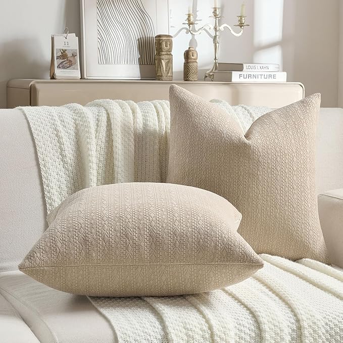 FUTEI Oatmeal Chenille Throw Pillow Covers 24x24 Inch Set of 2,Soft Striped & Diamond Textured European Cushion Cases,Modern Home Decor for Couch Living Room