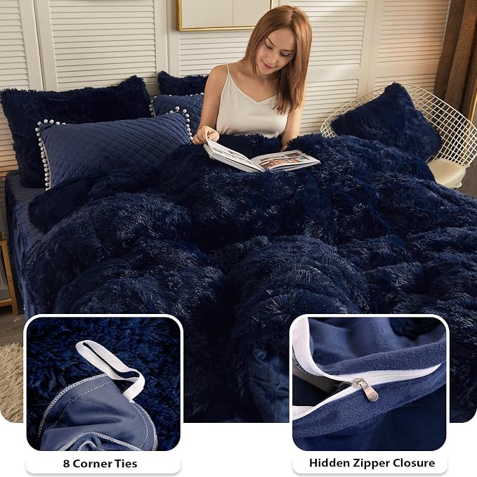 LIFEREVO Luxury Plush Shaggy Duvet Cover Set, Ultra Soft Velvet Fluffy Furry Duvet Cover Set(1 Faux Fur Fuzzy Comforter Cover + 2 Pom Poms Pillowcases) Solid Bedding Set, Zipper Closure(King, Navy)