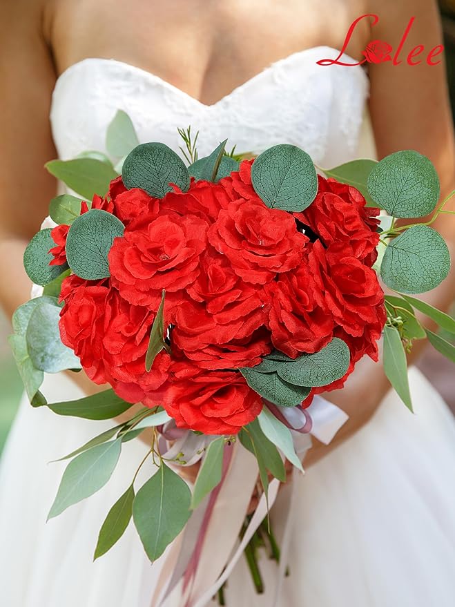 LELEE Rose Head Flowers with Stem - 108pcs Red Roses Artificial Flowers Bulk - Silk Rose Fake Flower for Wedding Bouquet Party Home Decor DIY Baby Shower Centerpieces Tables Decoration