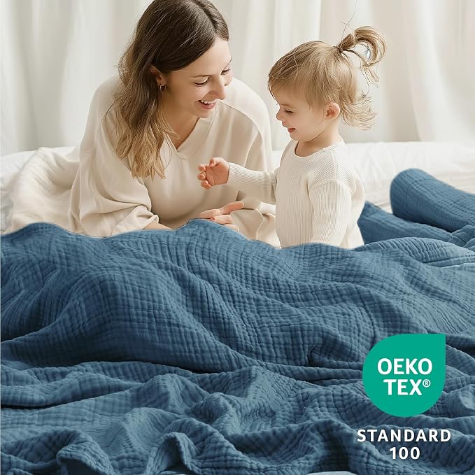 100% Cotton Muslin Blanket Twin XL 66" x 90", 6 Layers Breathable and Lightweight Twin Blanket for Bed, Soft Boho Bedspread, Gauze Bedding for All Season, Blue