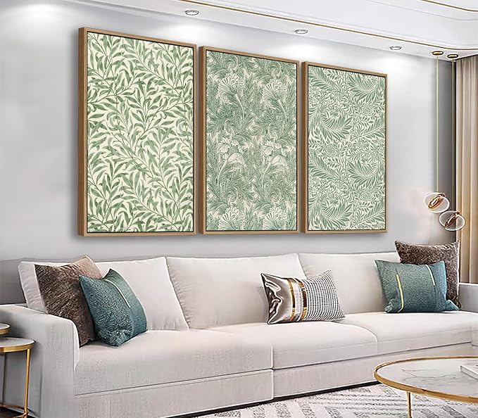 Large Flowers Wall Art for Living Room Natural Wood Float Framed Art Set of 3 William Morris Floral Canvas Picture Vintage Artwork Green Botanical Leaf Art Prints for Bedroom Wall Decoration 32"X48"X3