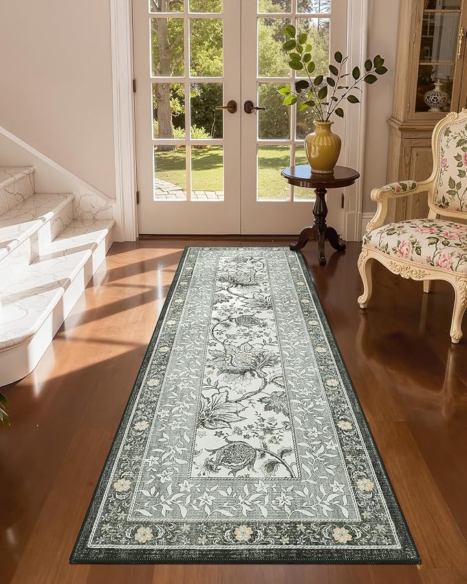 GarveeHome Sage Green 2.5 x 8 Washable Kitchen Runner Rugs Non Slip Provence Vintage Boho Cottage Long Rug for Hallways Bedroom Entryway Bathroom Mat with Rubber Back