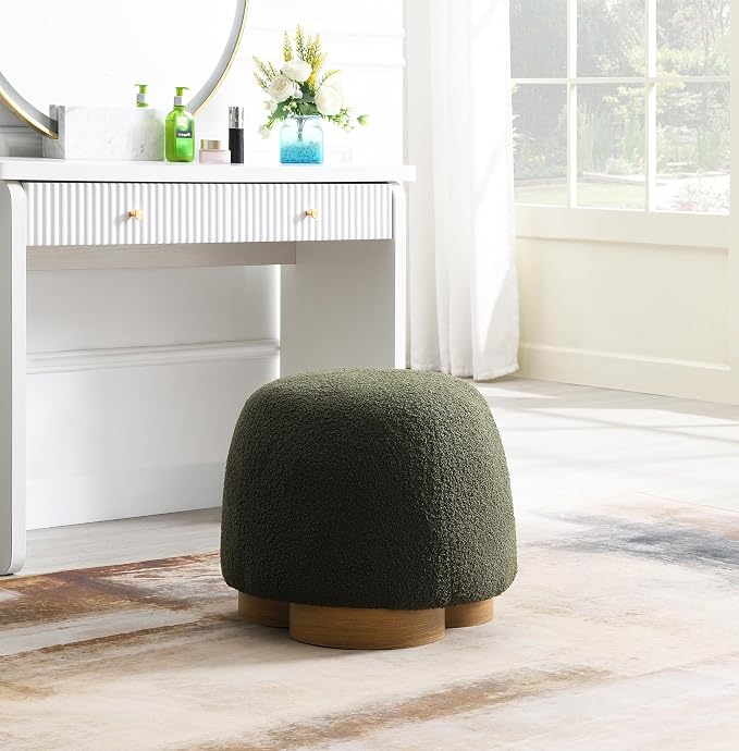 GDFStudio 20" Round Teddy Fabric Ottoman Stool, Upholstered Footrest with Foam Seat, Modern Accent Ottoman, Entryway Bedroom Vanity Stool, Fully Assembled, Metal Trim Base, Green