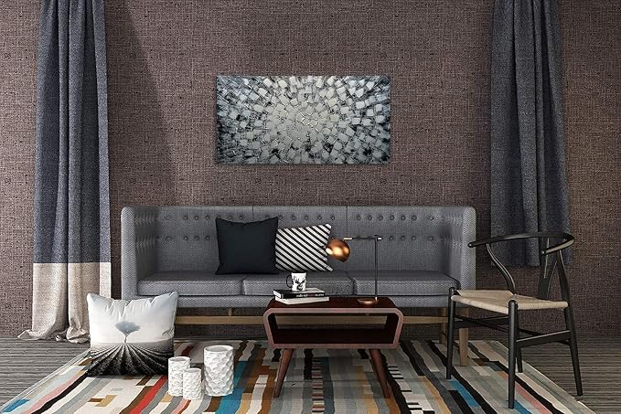 Extra Large Wall Art Abstract Black Silver Squares Canvas Art Hand Painted 3D Textured Oil Painting on Canvas Framed Ready to Hang by Horizontal and Vertical 60x30inch