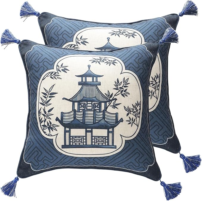 bilin gaier Designer Linen Throw Pillow Covers,18"x18" Set of 2-Suqing B | Chinoiserie Elegant Square Blue Pillow Cover,Concealed Zipper Design,Sofas,Bedroom,Living Room,Dining,Lounge Chairs