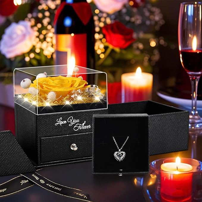 FIACO Gifts for Mom Preserved Real Roses with I Love You Necklace Fresh Forever Flowers Mothers Day Flower Gifts for Women Grandma Anniversary Birthday Gift for Girlfriend Wife Daughter