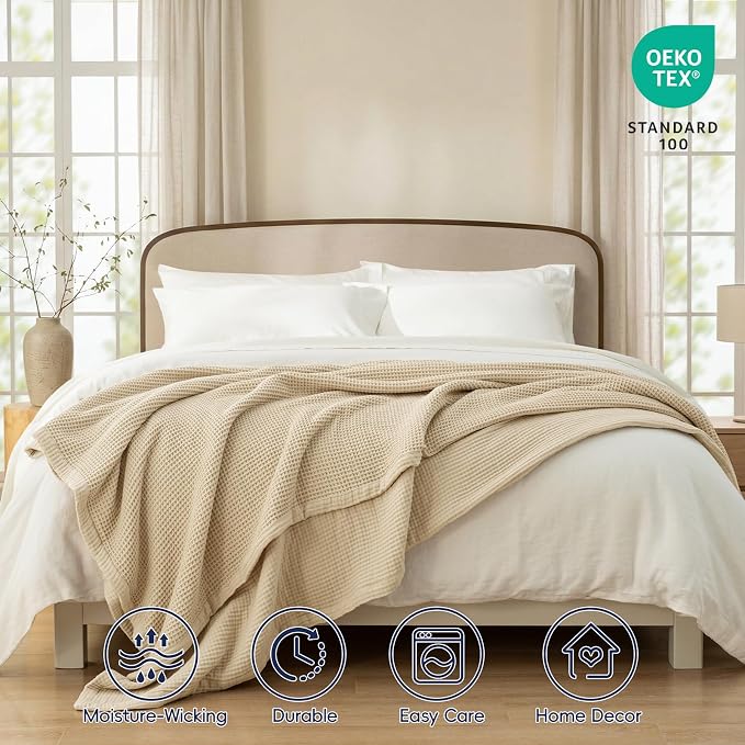 PHF 100% Cotton Waffle & Muslin Blanket King Size, Soft Breathable Luxury 400GSM Versatile Reversible Bedding for Bed, Great for Layering in Cold Weather, Home Decor Gift, 104" x 90", French Oak