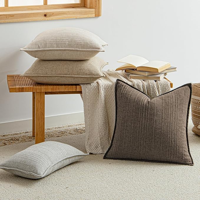 a moment Linen Pillow Covers Set of 2,Boho Farmhouse Throw Pillowcases Neutral Textured Decorative Covers for Couch Sofa,Soft Linen Blend Accent Case Cushion Home Decor 20"x12"Coco Brown