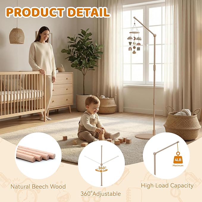 Floor-Standing Crib Mobile Arm,44.5-61 Inches Adjustable Height Natural Beech Wood, Baby Mobile Holder Hanger for Crib/Bassinet/Playpen, Easy Assembly Unisex Nursery Decor