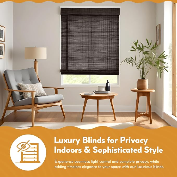 Radiance Cordless Bamboo Roman Shades for Windows - Flatweave Bamboo Blinds for Reduce Bright Light - Easy to Lift & Fold Up Window Shades - Espresso - 27 in. W x 64 in. L - (2208826E)