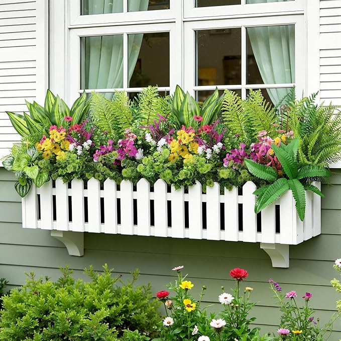 Alupssuc 24 Pcs Artificial Flowers and Plants,UV Resistant & No Fade Fake Plastic Greenery Shrubs for Home Garden, Pathway, Front Porch-Spring Summer Decor, Indoor/Outdoor Use,Rosy Purple Yellow Pink