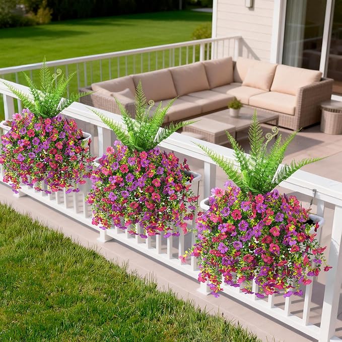 ZFProcess Artificial Fake Hanging Flowers for Outdoors, Silk Daisy with Articial Boston Ferns Plants Set, Realistic Spring Fake Outdoor Flowers UV Resistant Porch Patio Yard Decor