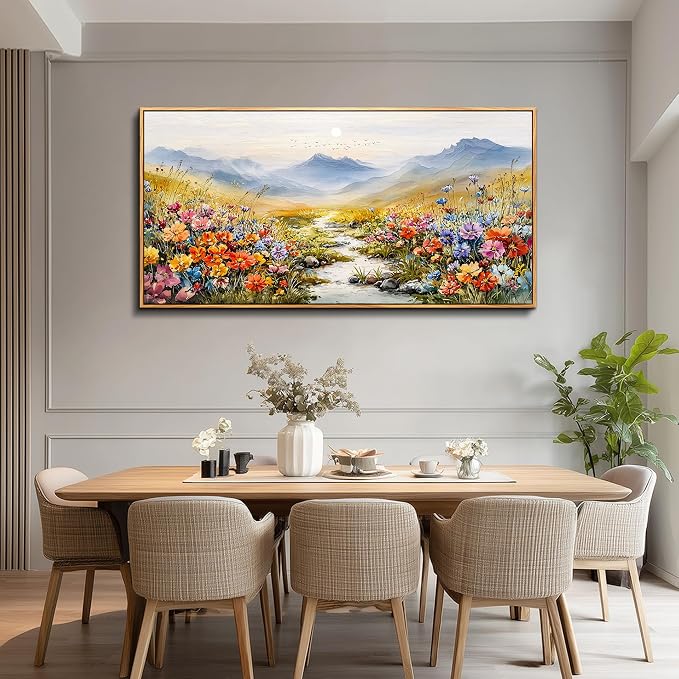 XIGUANGART Floral Wall Art, Large Framed Wall Art, Flower Pictures Wall Decor, Colorful Wildflowers Art Prints, Mountain Nature Landscape Paintings for Living Room Bedroom Kitchen Farmhouse 20"x40"