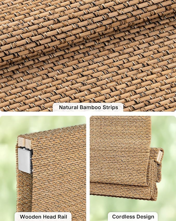 LazBlinds No Drill Cordless Bamboo Roman Shades, Light Filtering Blinds for Indoor Windows, Roll Up Bamboo Blinds for Home, 43" W x 64" H, Star-Brown