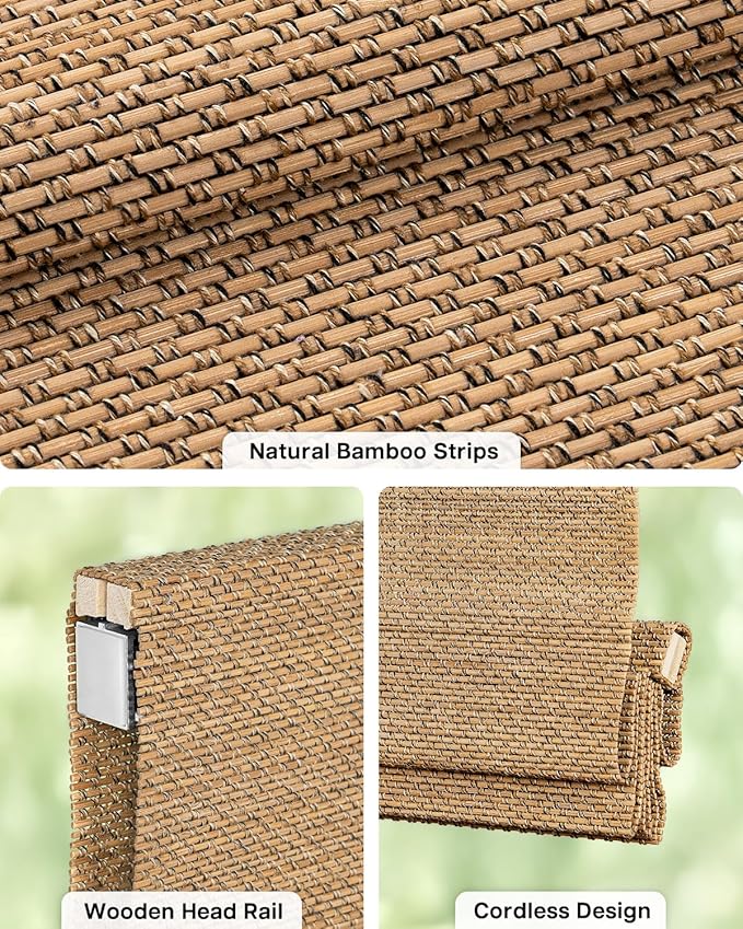 LazBlinds No Drill Cordless Bamboo Roman Shades, Light Filtering Blinds for Indoor Windows, Roll Up Bamboo Blinds for Home, 42" W x 64" H, Star-Brown