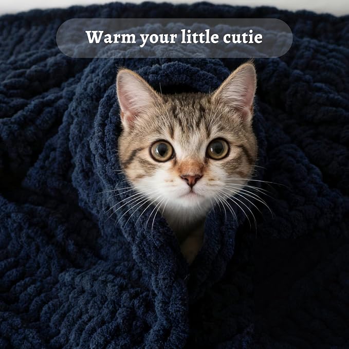 Battilo Chunky Knit Throw Blanket for Couch, 50"x60", Navy Blue | Hand Knit, Gift Blanket, Cozy Warm Thick Soft Chenille Throw Blanket for Bed, Sofa, Chair, Living Room