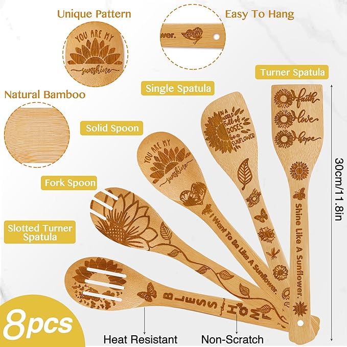 8PCS Sunflower Kitchen Bamboo Cooking Spoon Utensil Set with Apron Oven Mitt Pot Holder -Sunflower Themed Decor Gifts for Women,Mom,Housewarming,Christmas,Birthday Gift