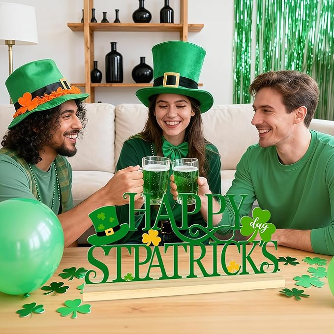 Metal Happy St. Patrick’s Day Table Sign, St. Patrick’s Day Tabletop Decoration with Wood Base, Green Shamrock Holiday Centerpiece Sign Decor for Home, Office, Shelf, Mantel Party Supplies（Patrick.A）